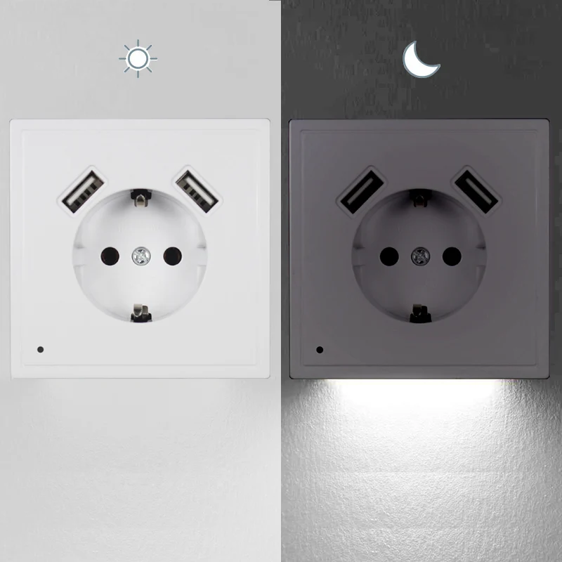 Weiße Doppel-USB-Steckdose mit integriertem LED-Nachtlicht und Dämmerungssensor in Wandmontage